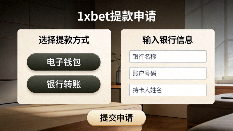1xbet 平台提款申請頁面操作示意圖，顯示選擇提款方式與輸入銀行資訊的介面