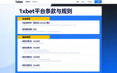1xbet 平台條款與規則頁面示意圖，重點顯示與獎金和提款相關的條款